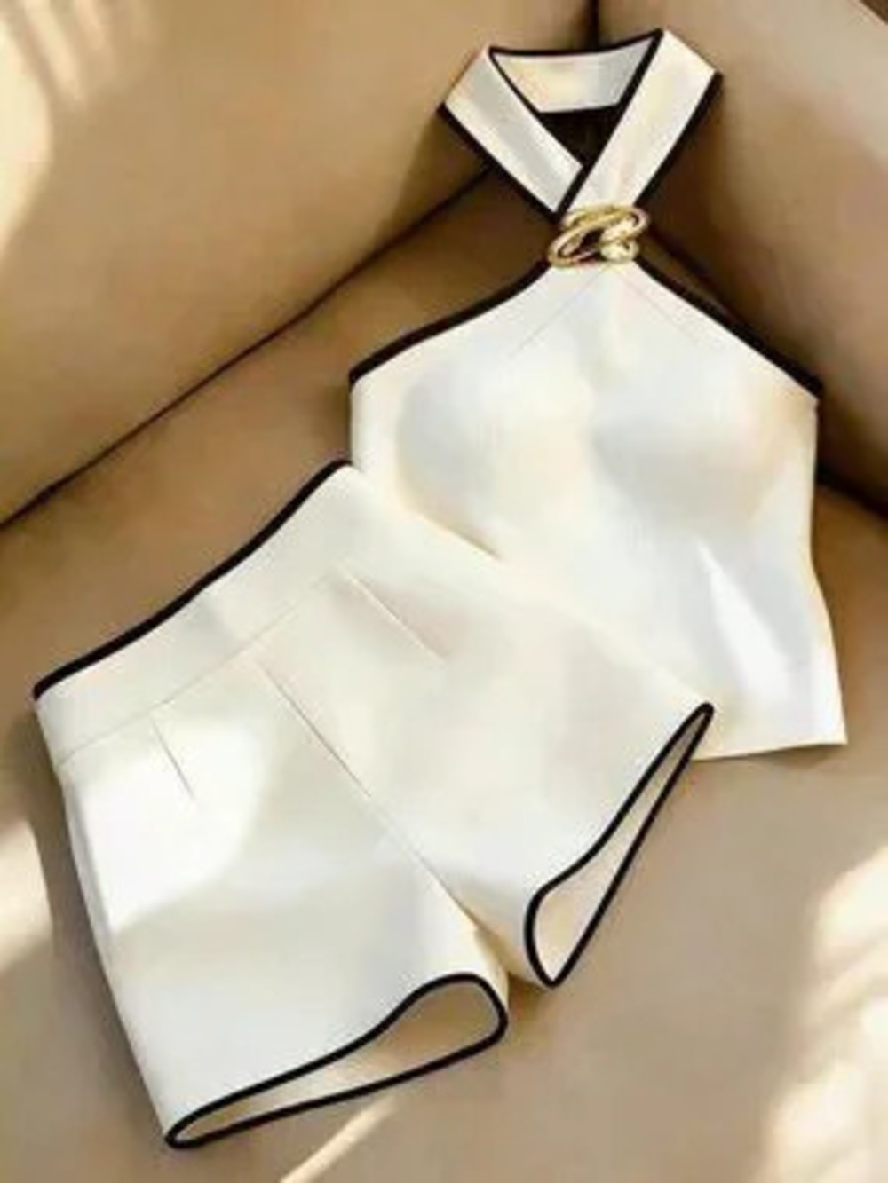 Black And White Casual Women's Halter Two Pieces Set